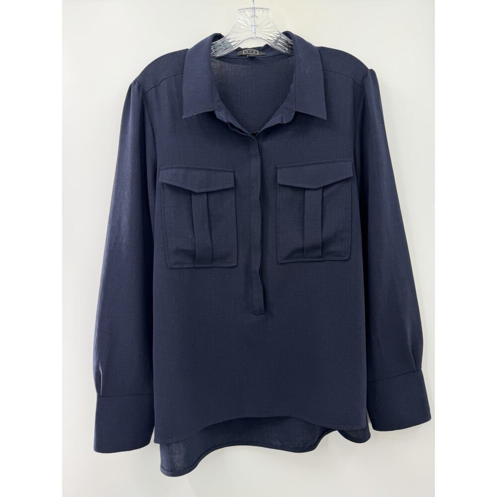 AYR Women’s Long Sleeve Navy Blue Popover Blouse Shirt Pockets Size Large